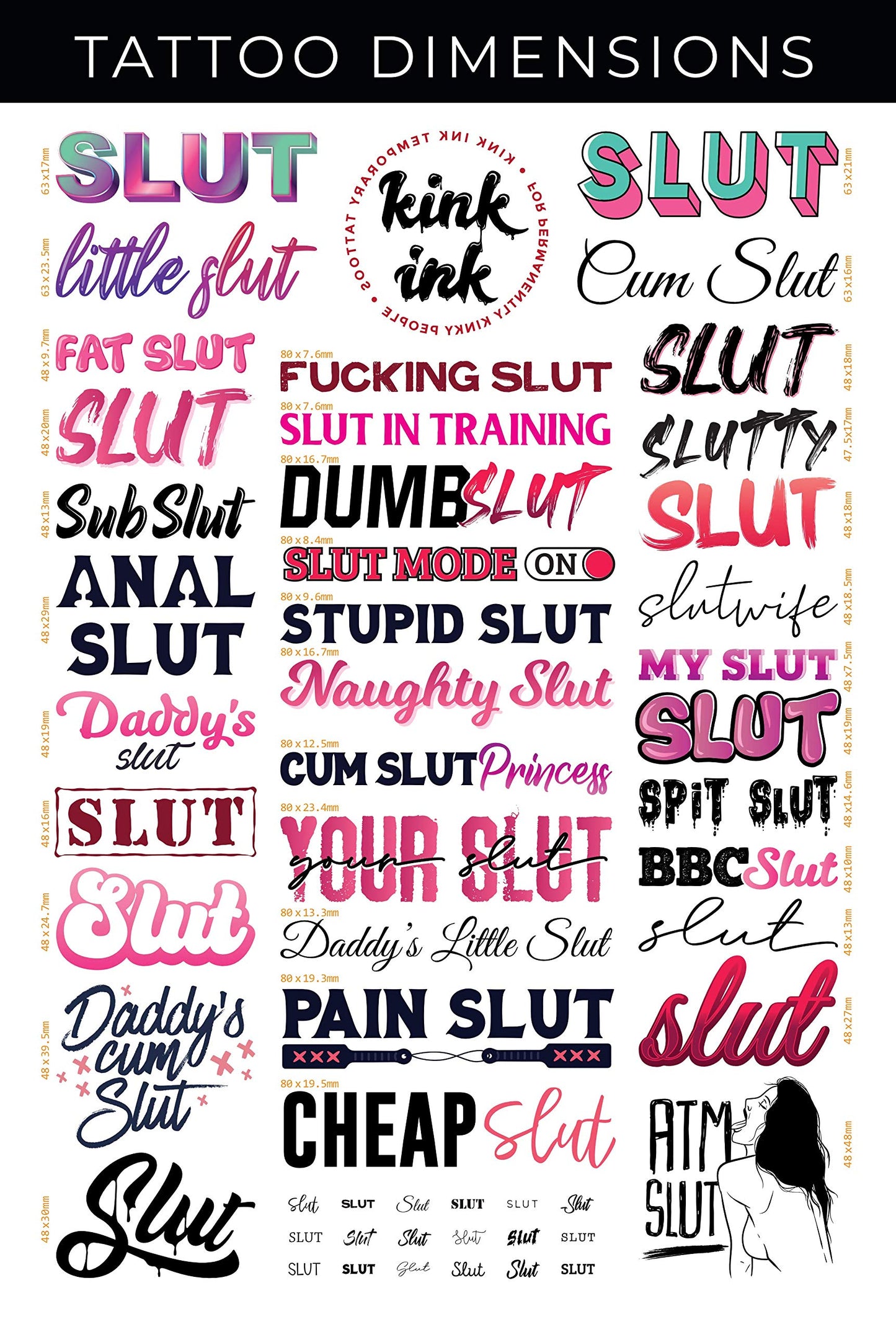 34 x "Slut" Temporary Tattoo Kinky A4 Sheet