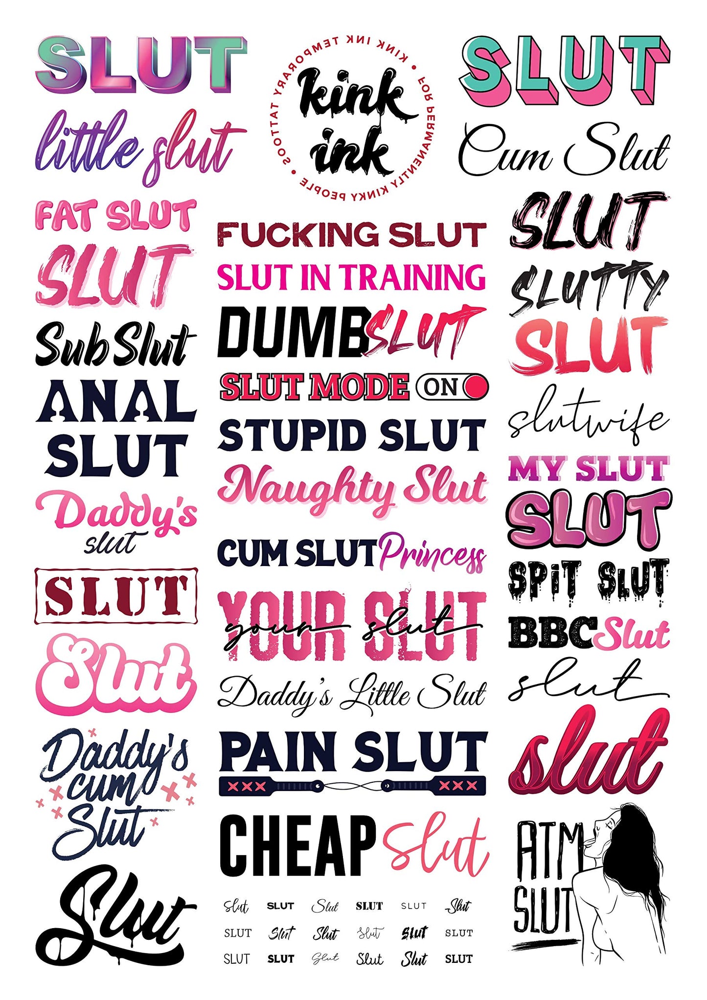 34 x "Slut" Temporary Tattoo Kinky A4 Sheet