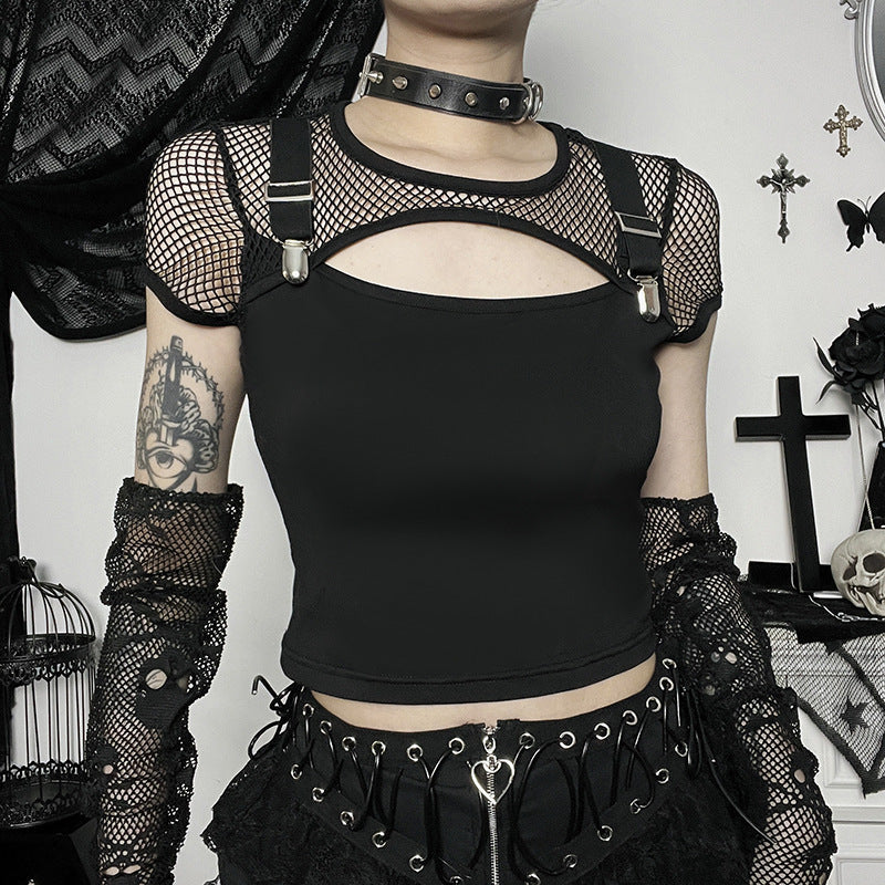 Women's Black Slim Hollow Mesh Patchwork Top | Fashion Short Sleeve Shirt