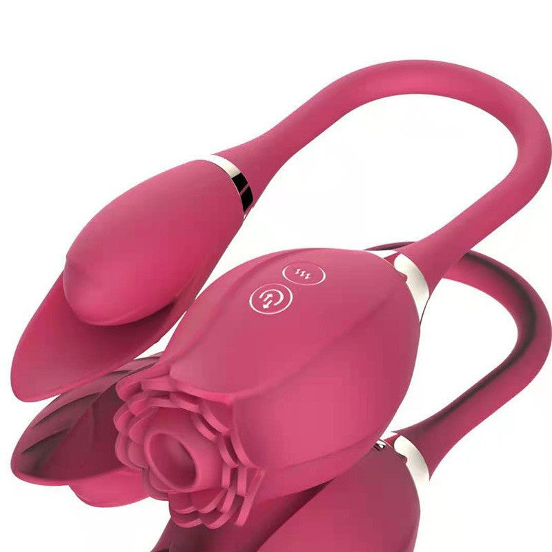Dual-action rose vibrator with a sleek design featuring powerful suction modes and flexible stimulation points for intense pleasure.