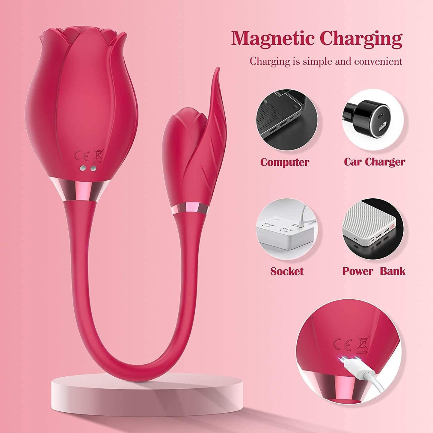 Rose-shaped vibrator featuring 10 powerful suction and vibration modes, offering intense clitoral stimulation. Designed for magnetic charging and versatile use, including options for car and power bank charging.