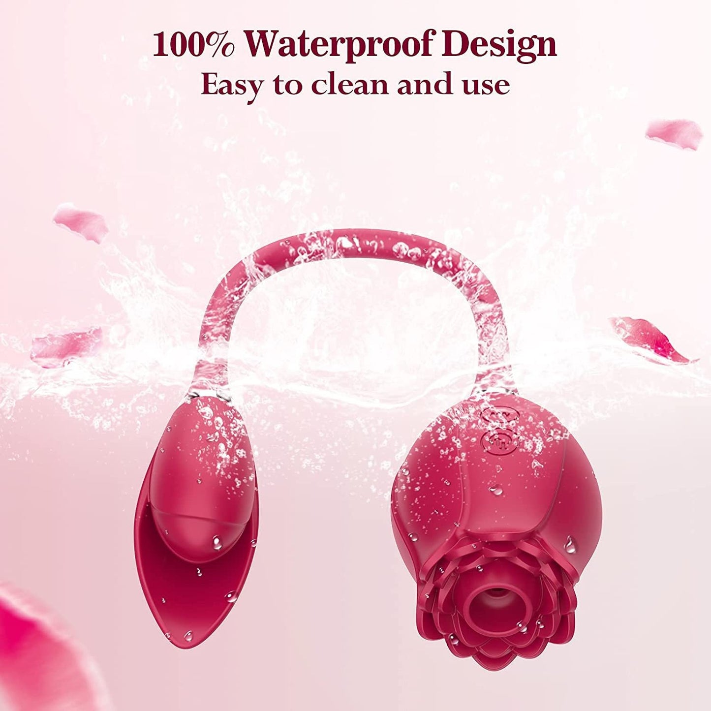 100% waterproof rose vibrator submerged in water, showcasing its flexible design, suction capability, and ease of cleaning.