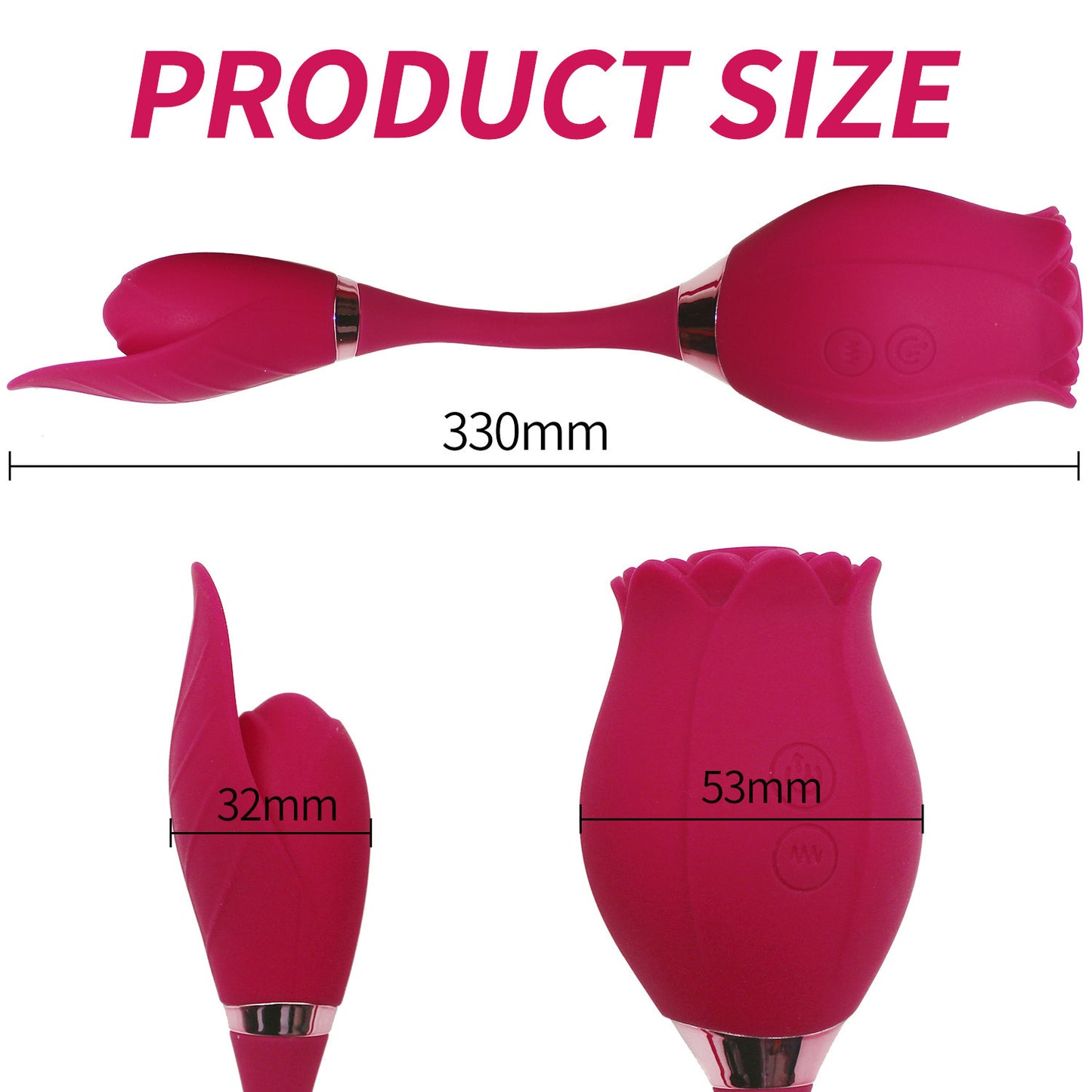 Rose-shaped vibrator with dual-ended design, featuring a sleek 330mm length and detailed product dimensions of 32mm and 53mm for enhanced pleasure.