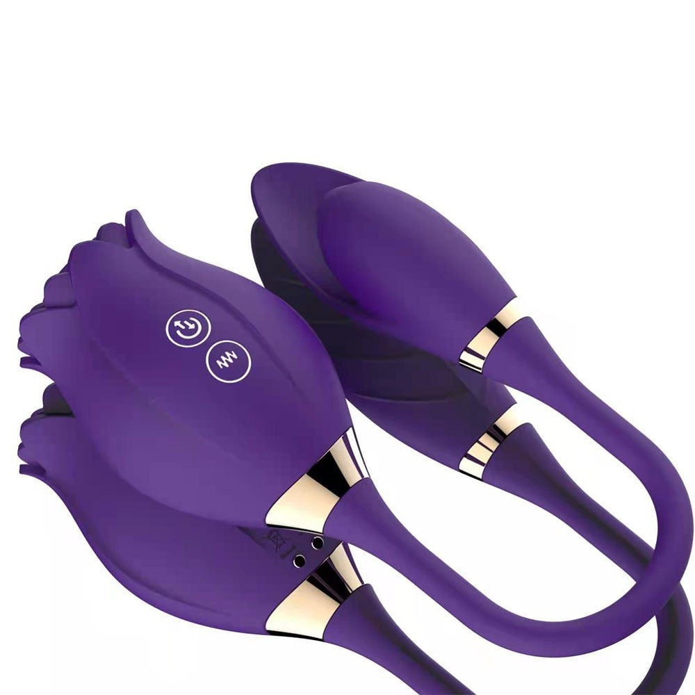 Purple rose-shaped vibrator with dual ends for enhanced stimulation, featuring control buttons and a sleek silicone design for a luxurious experience.