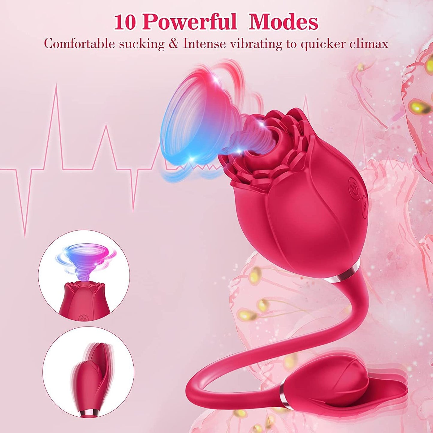 Rose-shaped vibrator with 10 powerful suction and vibration modes. The flexible design combines comfortable sucking sensations and intense vibrations, offering quicker and heightened pleasure. Ideal for external stimulation with its unique dual-ended functionality, crafted from soft silicone for body-safe use.