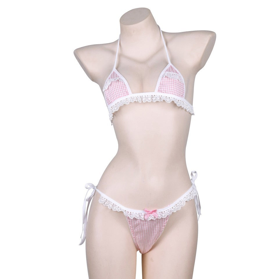 Lingerie Halter Strap Plaid Lace Bikini – White Sheer Perspective Set