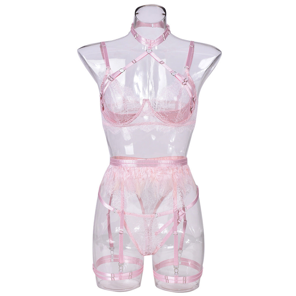 Elegant Feathered Lace Lingerie Set – 5-Piece Romantic Ensemble (S, M, L)