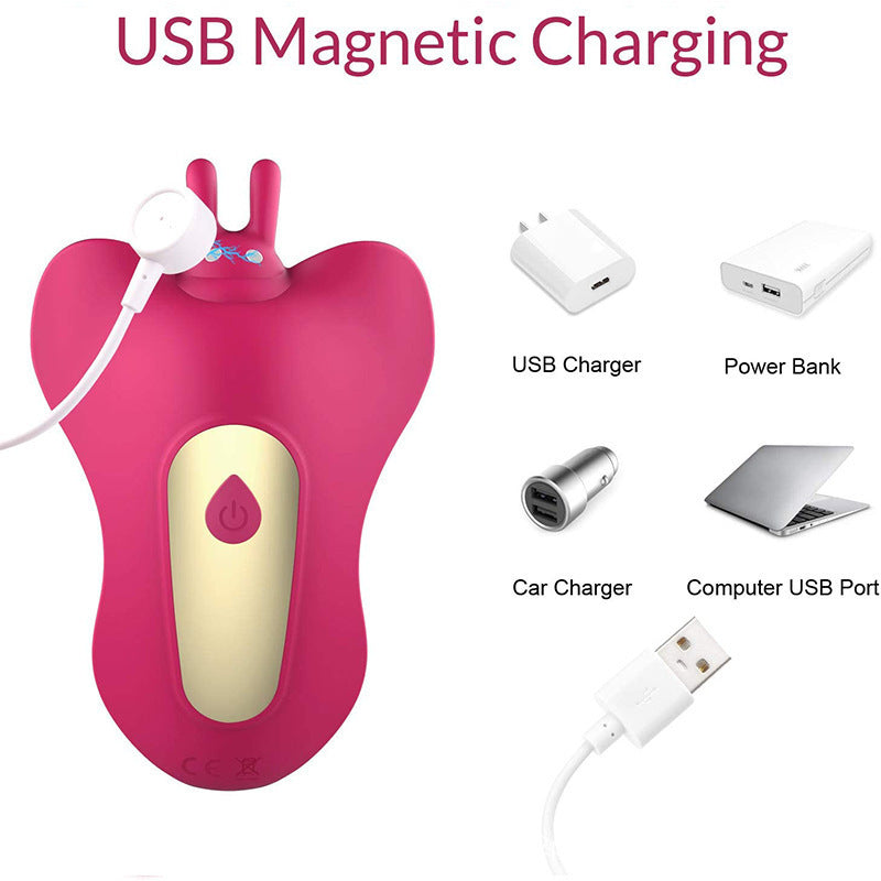 Versatile USB magnetic charging options for a bright pink butterfly vibrator, illustrated with a magnetic charging cable attached. The graphic displays compatible charging sources including a USB charger, power bank, car charger, and a computer USB port, highlighting the convenience and flexibility of keeping the device powered for continuous enjoyment.