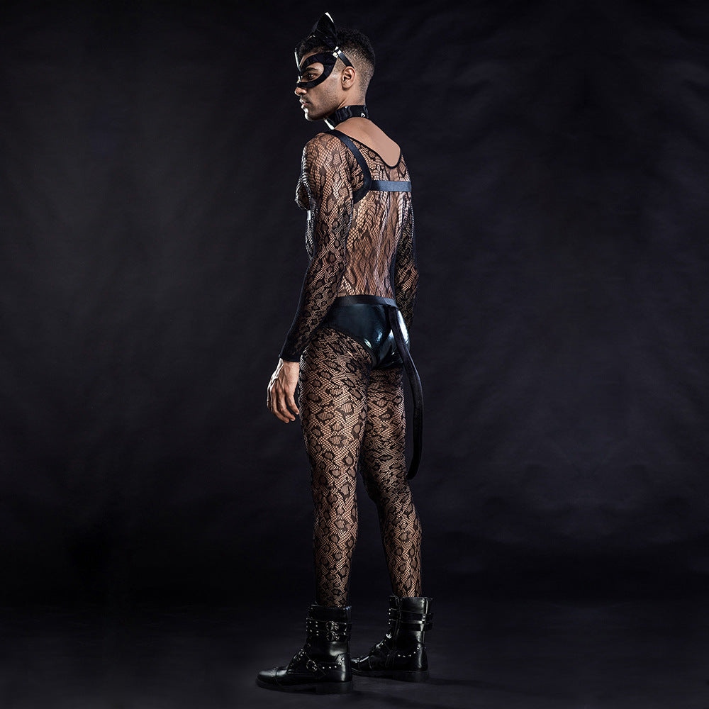 Cat Man Sexy Uniform - One-Piece Siamese Outfit with Mask & Tail | Men's Erotic Costume