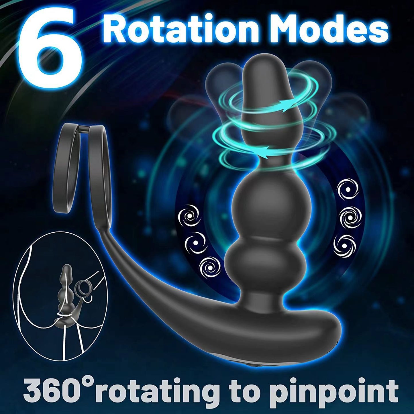 Wireless Remote Control Double Ring Rotating Prostate Massager – Black Silicone