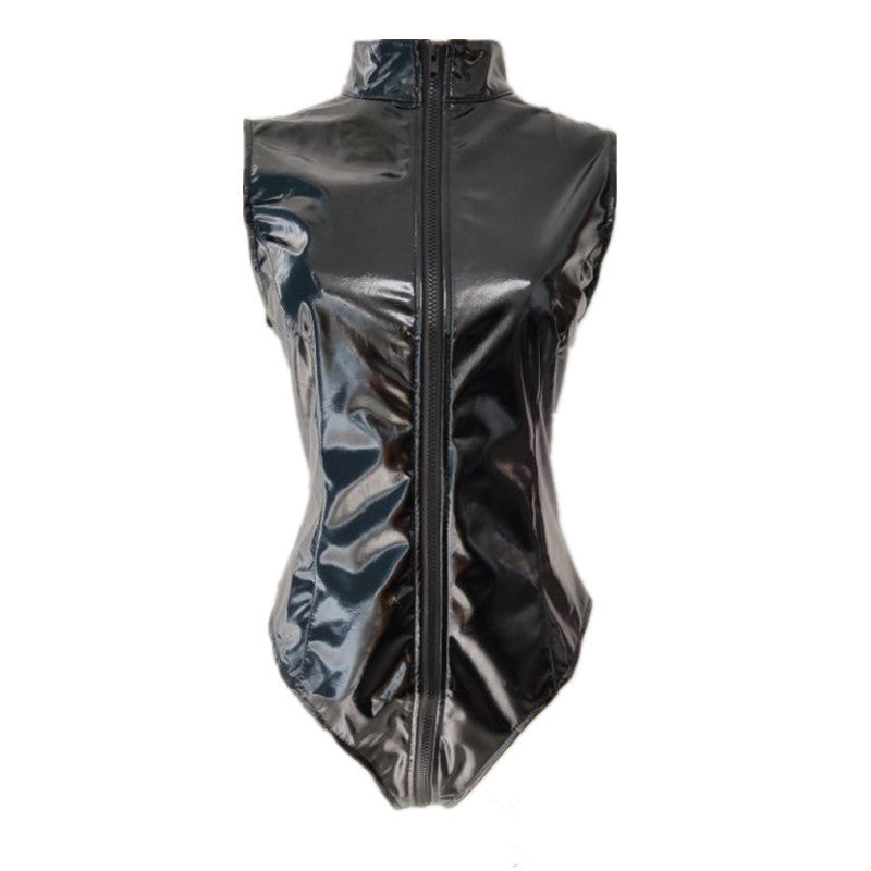 Black PVC Bright Leather Zipper Jumpsuit – Sexy Elastic Tight Motorcycle Outfit