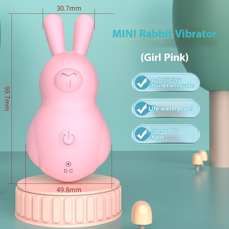 Mini pink rabbit-shaped vibrator with dimensions and features listed, including a 10-frequency vibration mode, waterproof design, and a cute, playful form. The product is shown in a whimsical setting, emphasizing its small, discreet size and adorable design, perfect for fun and discreet pleasure.