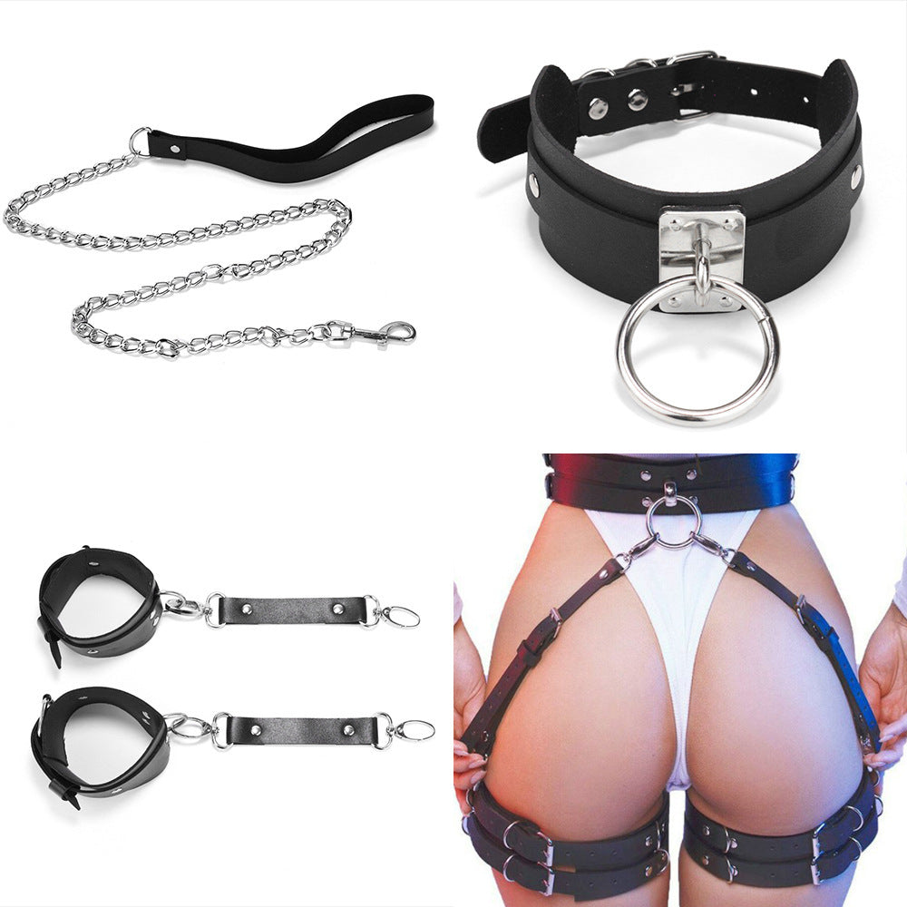 Women's PU Leather Bondage Belt and Necklet Set – Collar & Handcuffs in Black, Red, Pink
