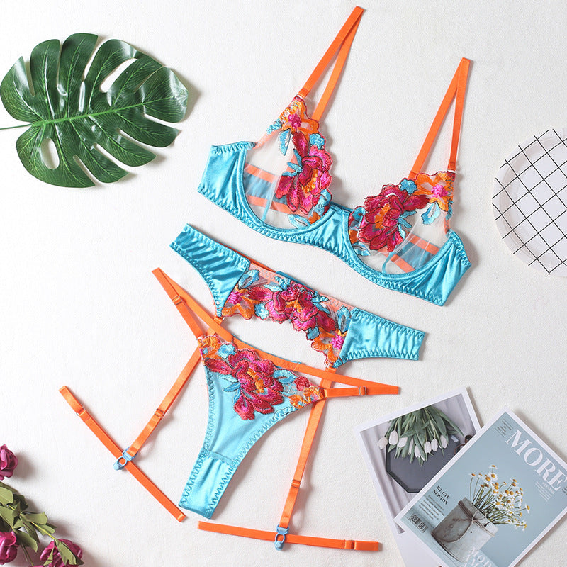 Sexy Four-piece Color Matching Embroidery Big Flower Underwear With Steel Ring