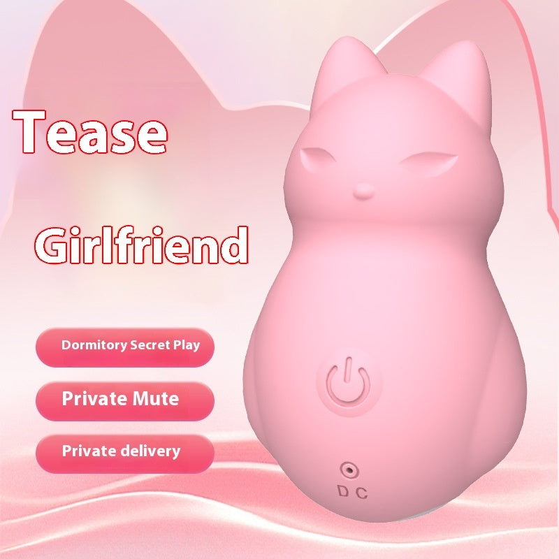 Promotional image of a soft pink cat-shaped massager with features highlighted for intimate play. Text overlay 'Tease Girlfriend' suggests playful and discreet use, with bullet points emphasizing 'Dormitory Secret Play,' 'Private Mute,' and 'Private delivery.' This image appeals to users looking for quiet, private enjoyment with a charming and innocuous design.