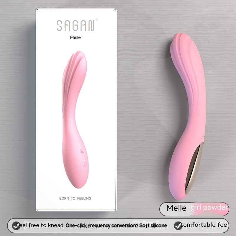 Pink G-spot vibrator with sleek, curvy design next to its packaging. The box displays a pink variant of the vibrator, labeled 'Meile-2' by Sagan. The product highlights include a soft silicone texture, one-click frequency conversion, and a comfortable feel. Ideal for targeted G-spot stimulation with an ergonomic and elegant form.