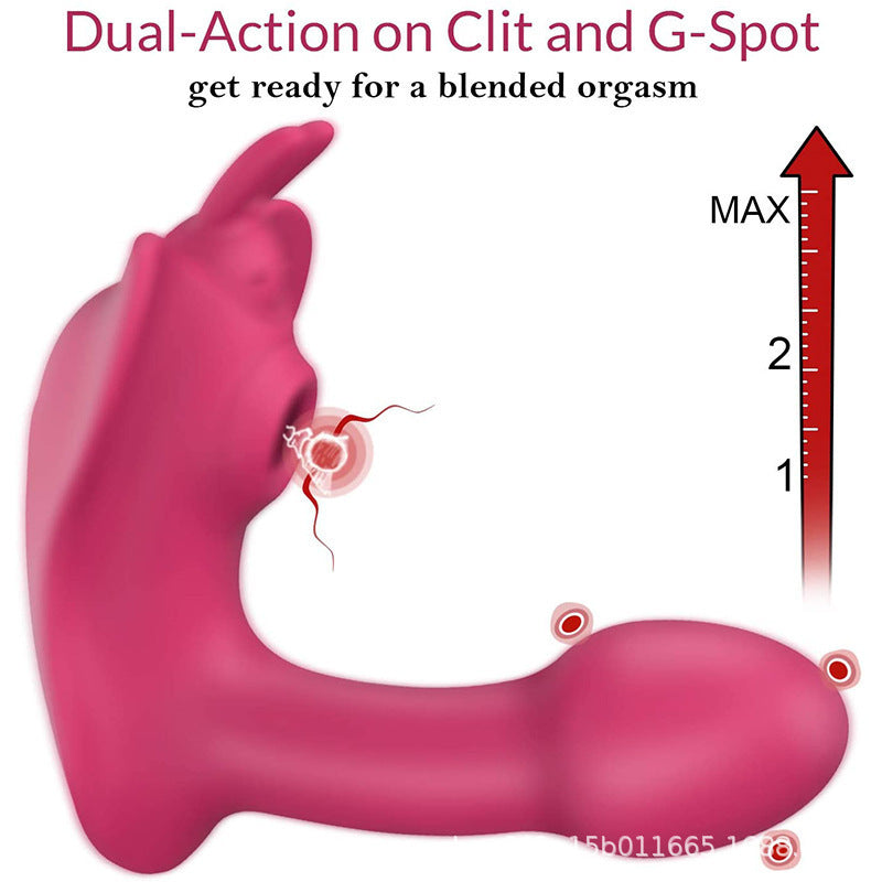 Visual demonstration of a pink vibrator with dual-action targeting both the clitoris and G-spot, designed for a blended orgasmic experience. The image features an animated representation of the clitoral stimulation alongside a scale measuring intensity levels up to 'MAX'. This innovative design promises intense, multi-sensory pleasure with precise stimulation tailored to deliver peak sexual satisfaction.