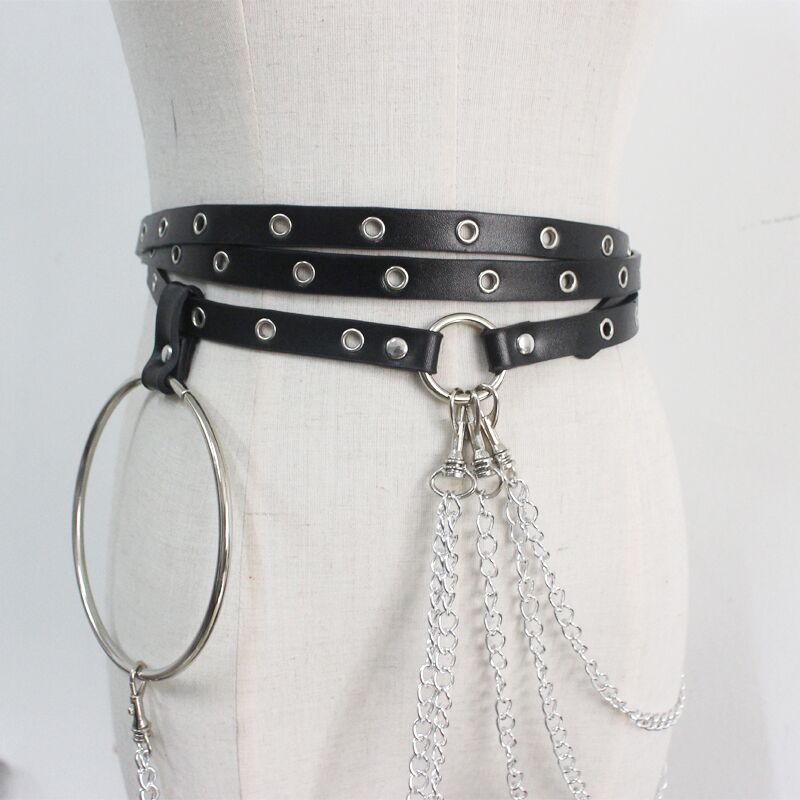 Punk Concave Shape Waist Chain - Casual Black Belt Chain in Imitation Leather