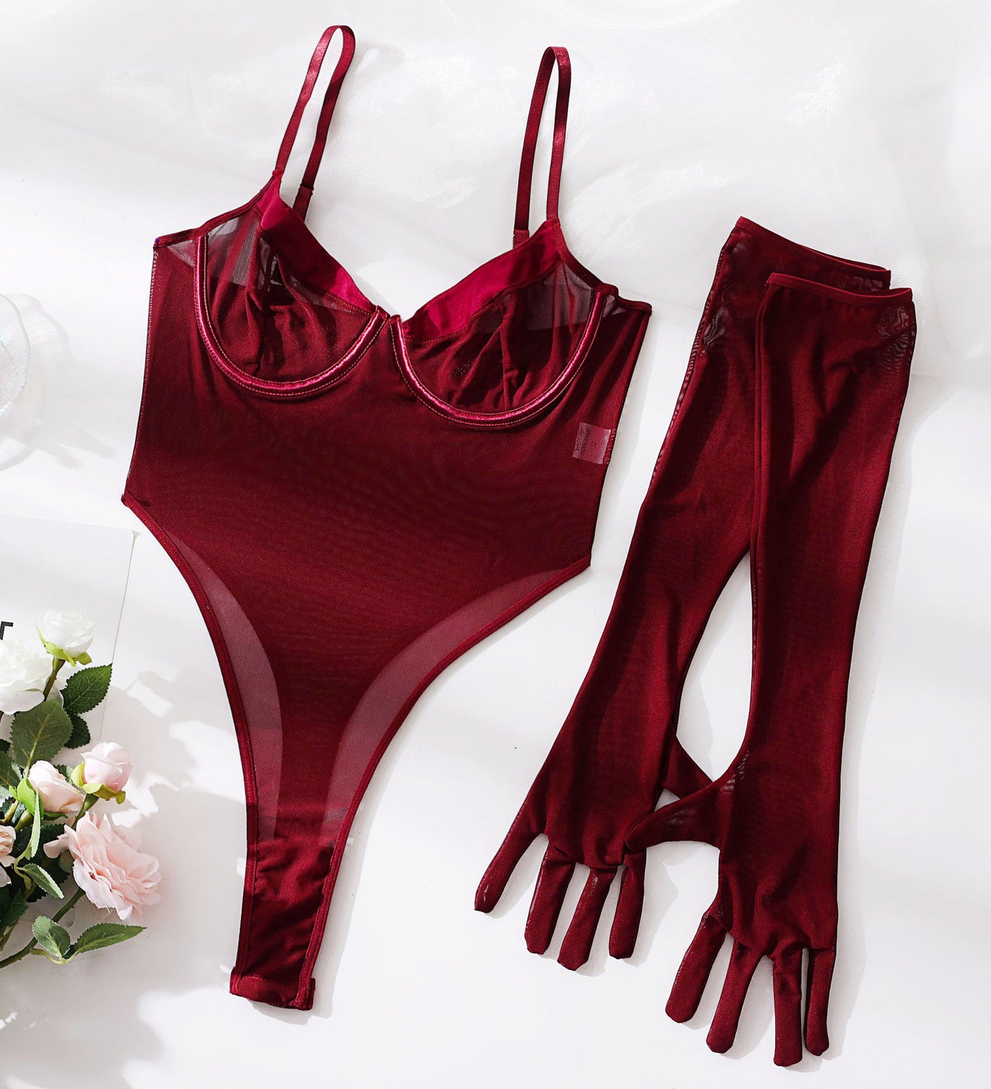 Lace Transparent Mesh Jumpsuit with Assembly Gloves – Sexy Lingerie for Women