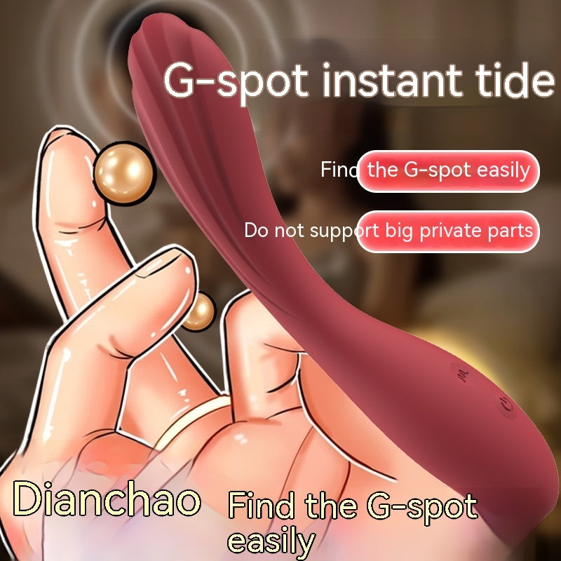 Illustration of a G-spot vibrator with a sleek red design, accompanied by text emphasizing the product's ability to 'Find the G-spot easily.' The image also contains highlighted text 'G-spot instant tide,' indicating powerful stimulation, and a note that it is not suitable for larger private parts. The background features an artistic hand, reinforcing the precise, targeted stimulation for intense G-spot pleasure.