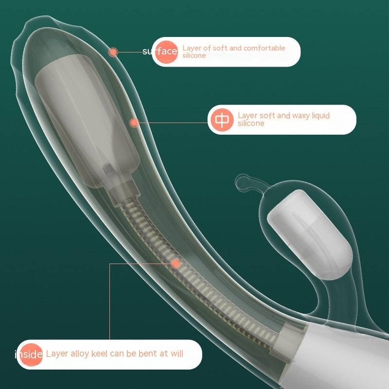 Cross-sectional view of a flexible vibrator showcasing its multi-layered construction. The diagram highlights the soft silicone surface, a middle layer of soft and waxy liquid silicone, and an internal alloy keel that allows the device to bend for precise control. This detailed breakdown emphasizes the comfort, flexibility, and premium design of the vibrator, ensuring a luxurious and adaptable experience.
