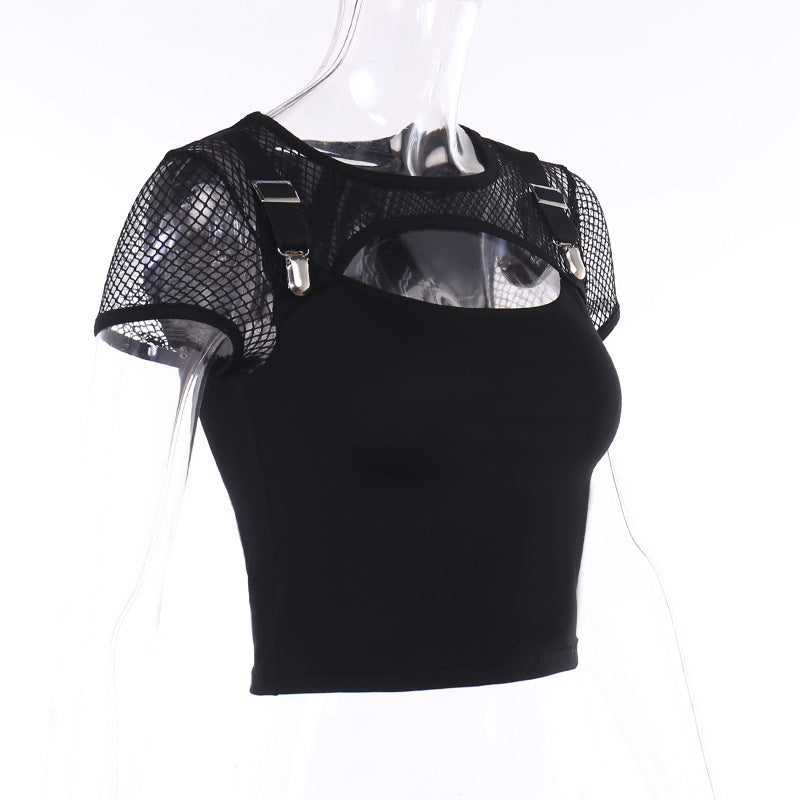 Women's Black Slim Hollow Mesh Patchwork Top | Fashion Short Sleeve Shirt