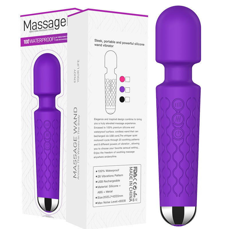 Indulge in the sinful delight of this deep purple wand vibrator, poised next to its sophisticated box boasting waterproof capabilities and 28 vibration patterns. This luxurious sex toy, perfect for tantalizing solo sessions or adventurous couple play, promises irresistible pulses and a velvety touch that seduces your senses.