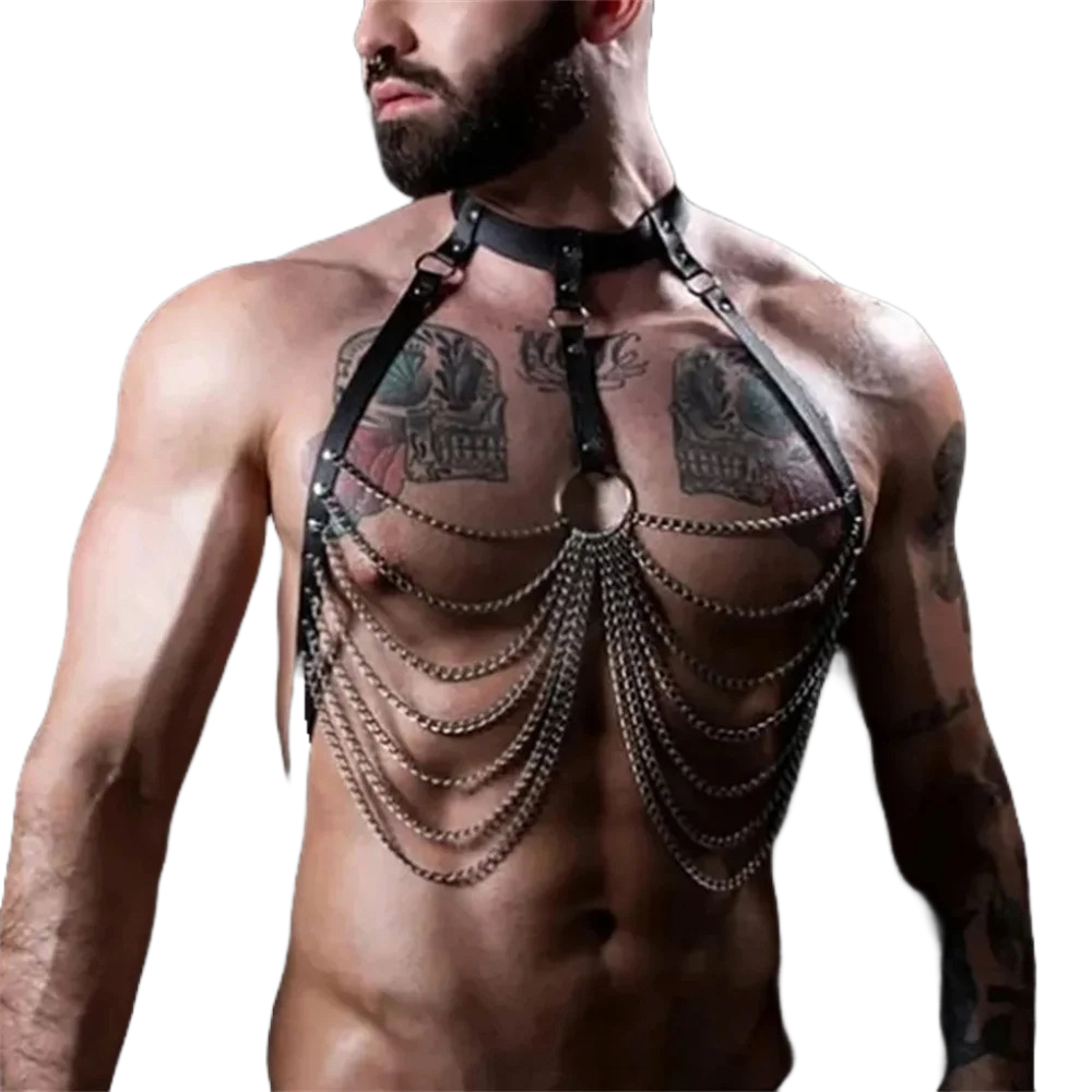 Men's Black Leather Body Chain - Fashionable Metal Chain for Casual Wear
