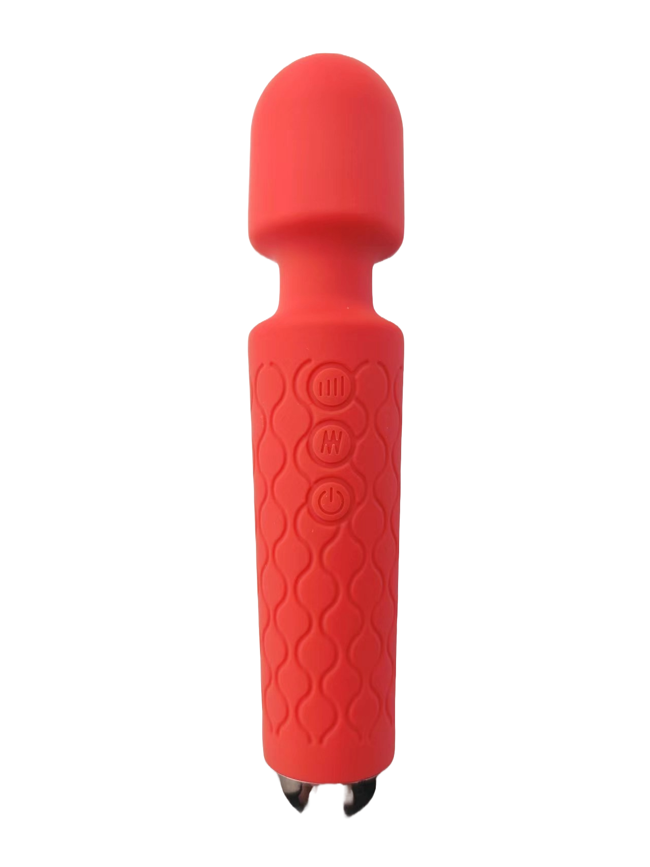 Red personal massager sex toy with a soft silicone head and textured grip handle, featuring multiple control buttons for varied intensity settings. The sleek design provides comfort and ease of use, suitable for targeted muscle relief or personal pleasure.