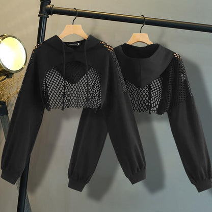 Women's Patchwork Cropped Loose Sports Hoodie | Casual Athletic Pullover
