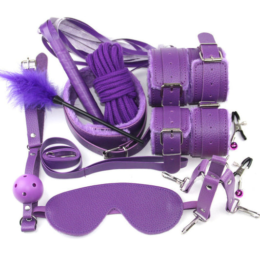 Ultimate 10-Piece Plush Bondage Set – Black PU Leather Erotic Kit