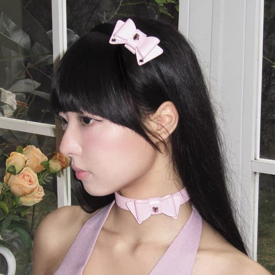 Adjustable Bow Choker Collar - Stylish Electroplated U-Shaped Necklace in Red, Black, and Pink