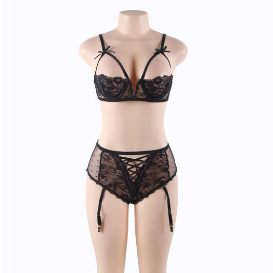 Large Size Lace Steel Ring Bra & Garter Panties Set – Sexy Polyester Lingerie for Women