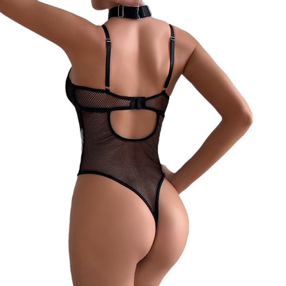 PU Leather Mesh Stitching Strap Backless Jumpsuit – Sexy Nightclub Outfit for Women