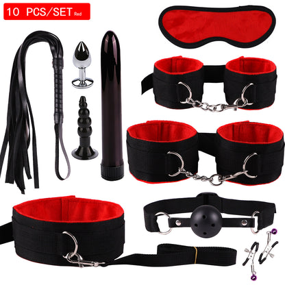 Plush Bondage Nylon Leather Suit Set | Ultimate 11-Piece BDSM Kit