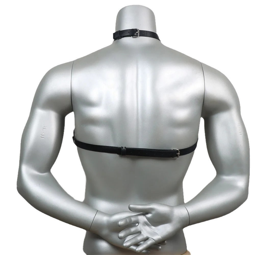 Men's Black Leather Body Chain - Fashionable Metal Chain for Casual Wear