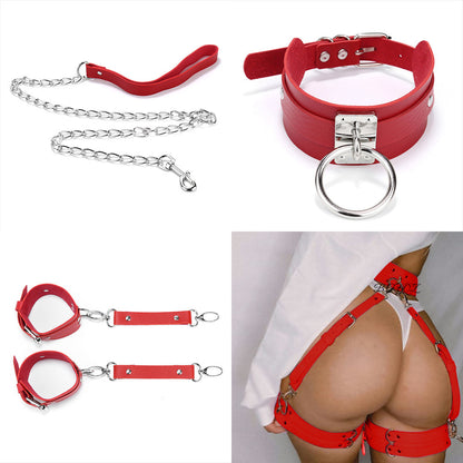 Women's PU Leather Bondage Belt and Necklet Set – Collar & Handcuffs in Black, Red, Pink