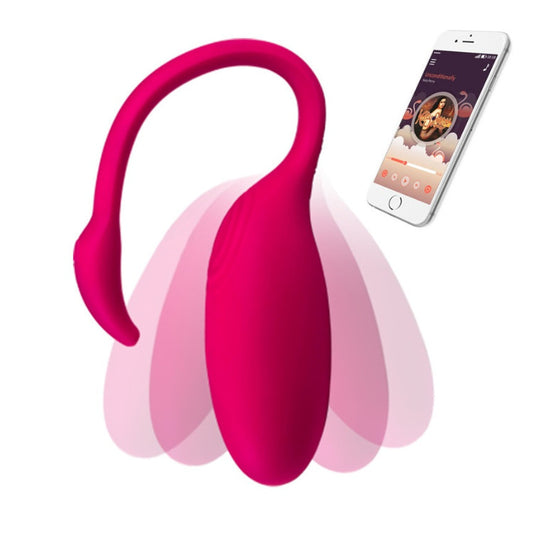 Smart wearable vibrator in bright pink with a unique curved design, compatible with a mobile app for remote control, showcased with an iPhone displayinging adjustable settings. Ideal for hands-free and discreet pleasure.