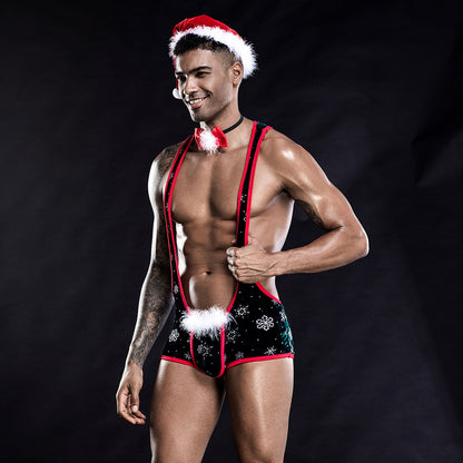 Men's Festive One-Piece Christmas Lingerie Outfit - Sexy Santa Costume with Hat and Bow Tie