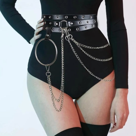 Punk Concave Shape Waist Chain - Casual Black Belt Chain in Imitation Leather