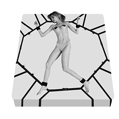 Sex Bondage BDSM Kit Bed Restraints Set, Super Easy Install Sex Rope Adjustable Straps, Sex Toys with Handcuffs Ankle Cuff for Adults Women Couples Game Pleasure (Black)