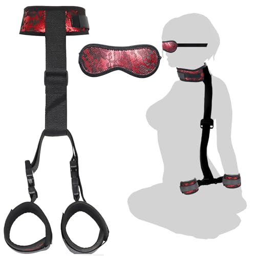 BDSM Neck to Wrist Restraints Bondage Set - Behind Back Handcuffs Collar with Blindfold Adjustable Bondage Set Bed SM Games Play Sex Toys for Couples