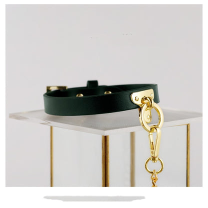 Brown Bondage Leather Collar with Chain Leash – BDSM Fetish Gear with Alloy Detailing