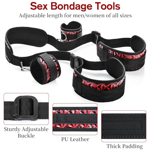 Sex Bondage BDSM Kit, Bed Restraints Set with Handcuffs Neck to Thigh/Ankle, Adjustable Leg Straps&Handcuffs for SM Adult Couples Game Play, Sex Toy for Women Beginner Leg Straps Tie Set Rope