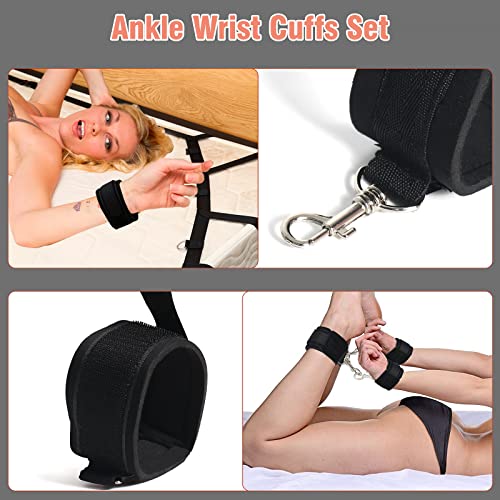 Sex Bondage BDSM Kit Bed Restraints Set, Super Easy Install Sex Rope Adjustable Straps, Sex Toys with Handcuffs Ankle Cuff for Adults Women Couples Game Pleasure (Black)