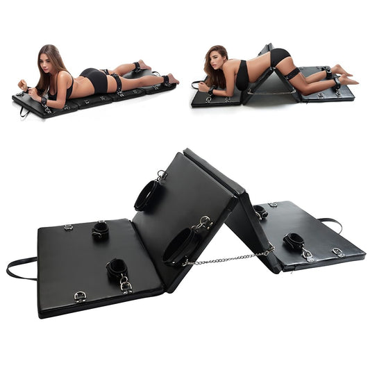 Sex Bondage Restraint BDSM Sex Furniture PU Leather Fetish Restraints System Portable Collapsible Sex Bed Sex Toys for Men Couples Adult Bondage Gear with Handcuffs Ankle Cuffs
