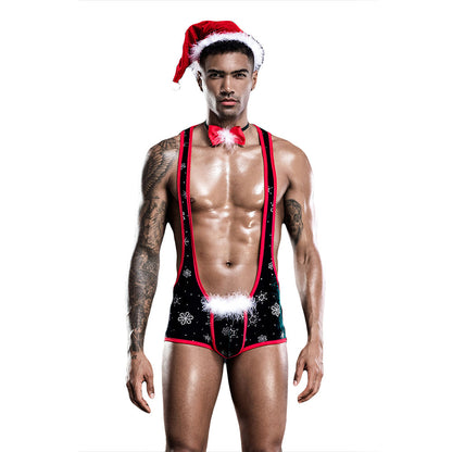 Men's Festive One-Piece Christmas Lingerie Outfit - Sexy Santa Costume with Hat and Bow Tie