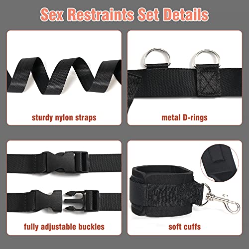 Sex Bondage BDSM Kit Bed Restraints Set, Super Easy Install Sex Rope Adjustable Straps, Sex Toys with Handcuffs Ankle Cuff for Adults Women Couples Game Pleasure (Black)