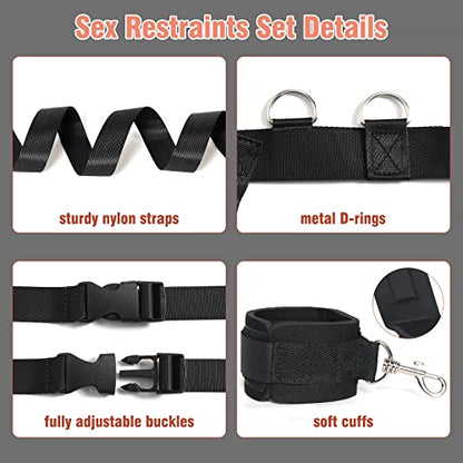 Sex Bondage BDSM Kit Bed Restraints Set, Super Easy Install Sex Rope Adjustable Straps, Sex Toys with Handcuffs Ankle Cuff for Adults Women Couples Game Pleasure (Black)