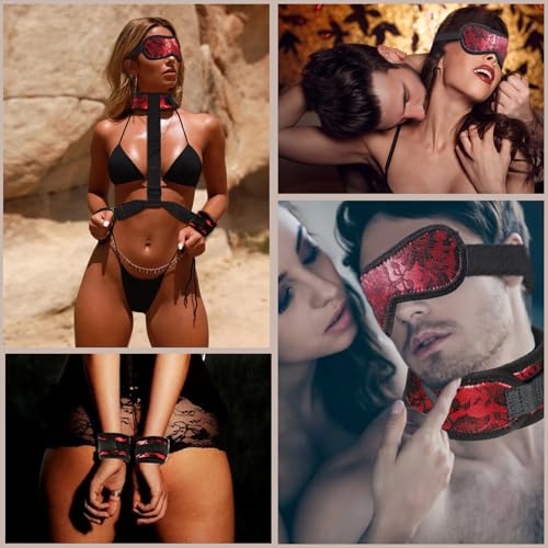 BDSM Neck to Wrist Restraints Bondage Set - Behind Back Handcuffs Collar with Blindfold Adjustable Bondage Set Bed SM Games Play Sex Toys for Couples